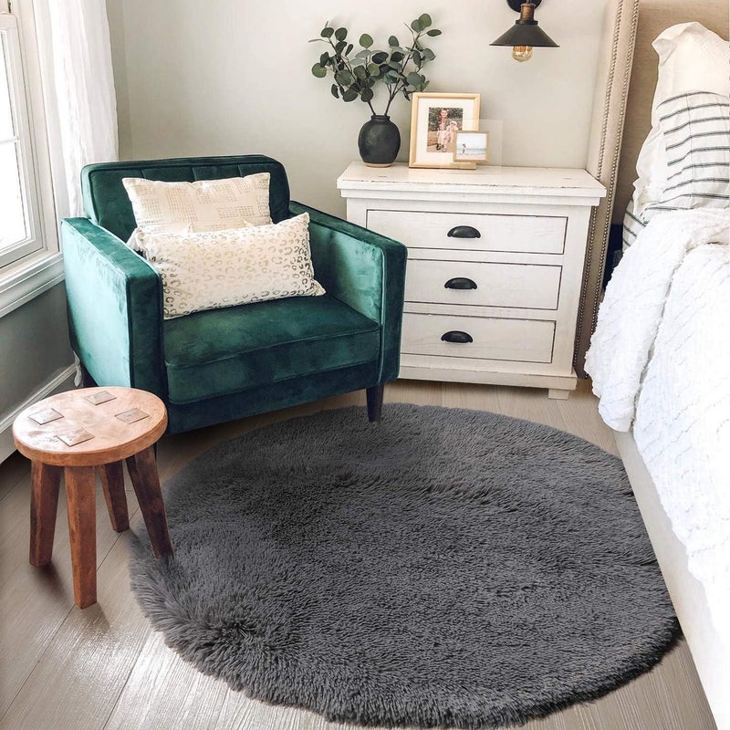 Amdrebio Grey Round Rugs 4Ft for Living Room Bedroom, Fluffy Fuzzy Shag Shaggy Circle Area Rug for Kids Room Home Office Decor Aesthetic, Furry Soft Plush Indoor Floor Gray Carpet for Baby Nursery Preppy Dorm - Image 5